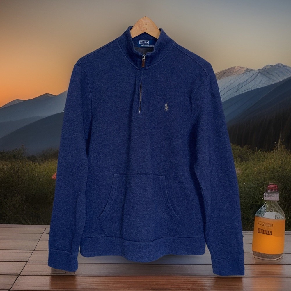 Polo Ralph Lauren 1/4 Zip Pullover Men L Blue Long Sleeve Kangaroo Pocket Preppy